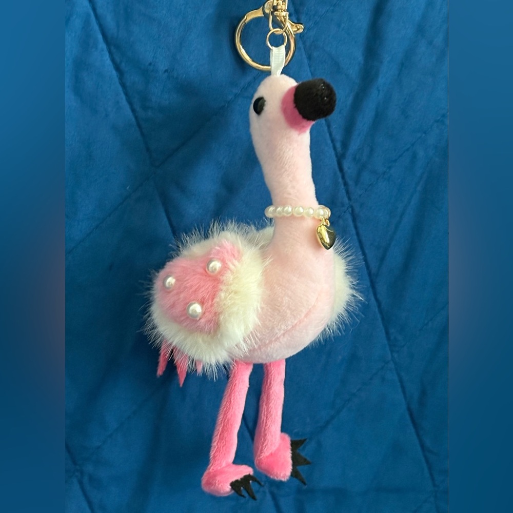Natasha Couture Fluffy Pink Flamingo Faux Pearl Necklace Handbag Charm Key Chain